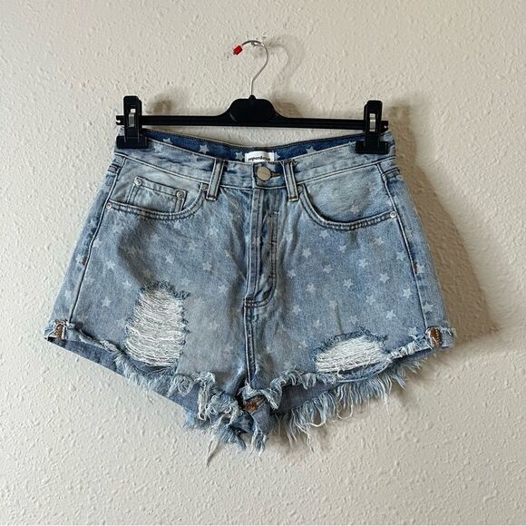 SUPERDOWN Revolve Kenzie Star Print Distressed Denim Jean Shorts High Rise - Picture 3 of 6
